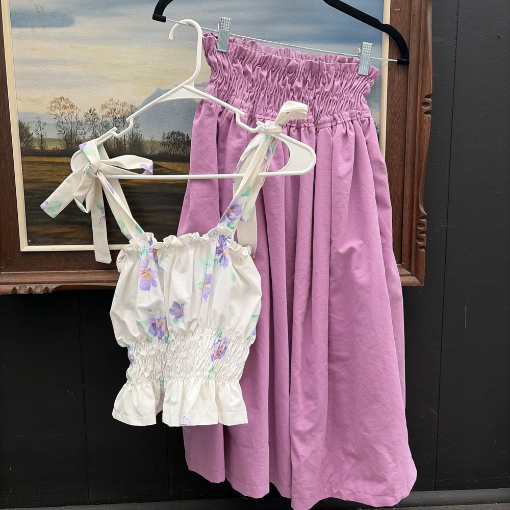 Handmade Cute Purple Cottagecore Smocked Skirt Shirt Set Bohemian New W Tag Med